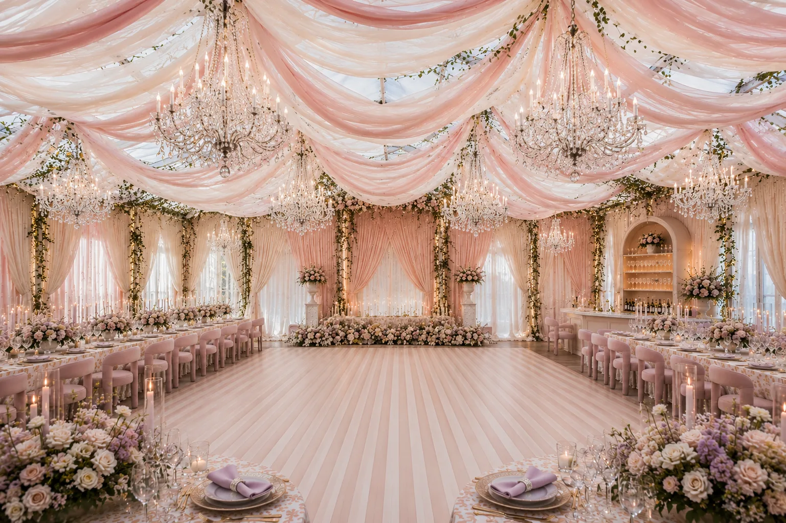 Luxury event design by The Atelier Events — chandeliers, draping, and curated furniture